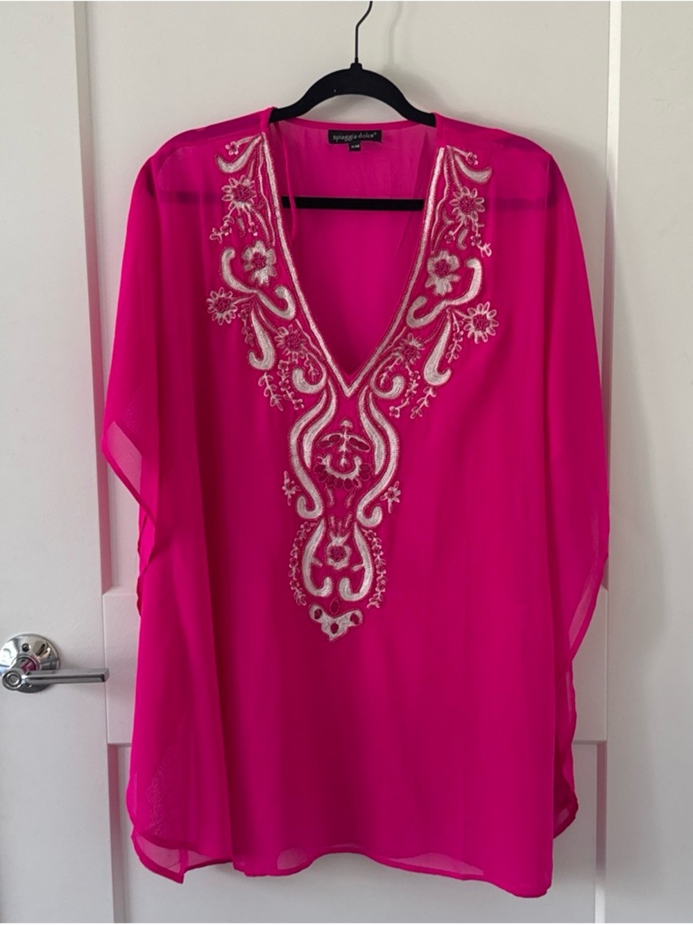 Hot Pink Sheer Embroidered V-Neck Tunic